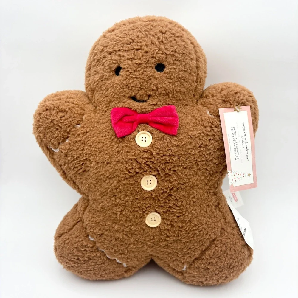 Cupcakes and Cashmere Gingerbread Man Plush Pillow Red Bow Buttons Holiday Decor